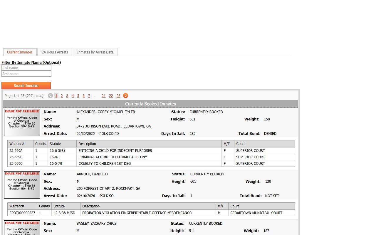 Polk County jail inmate data search for police blotter booking records