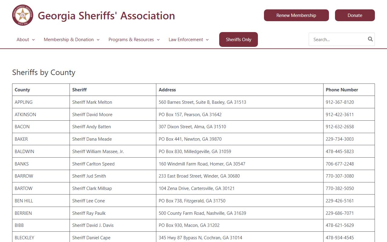 Georgia sheriffs by county directory for police blotter records