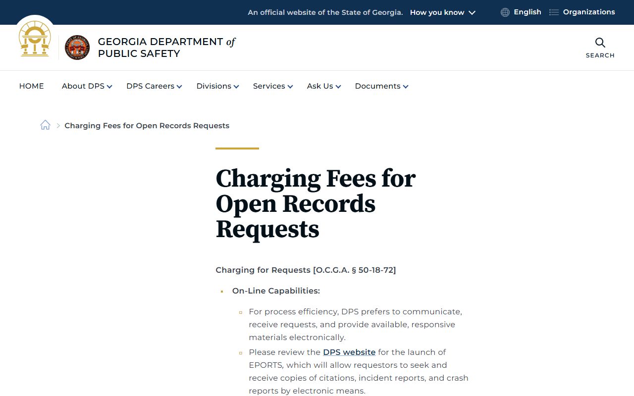 Georgia DPS police blotter fee schedule for open records